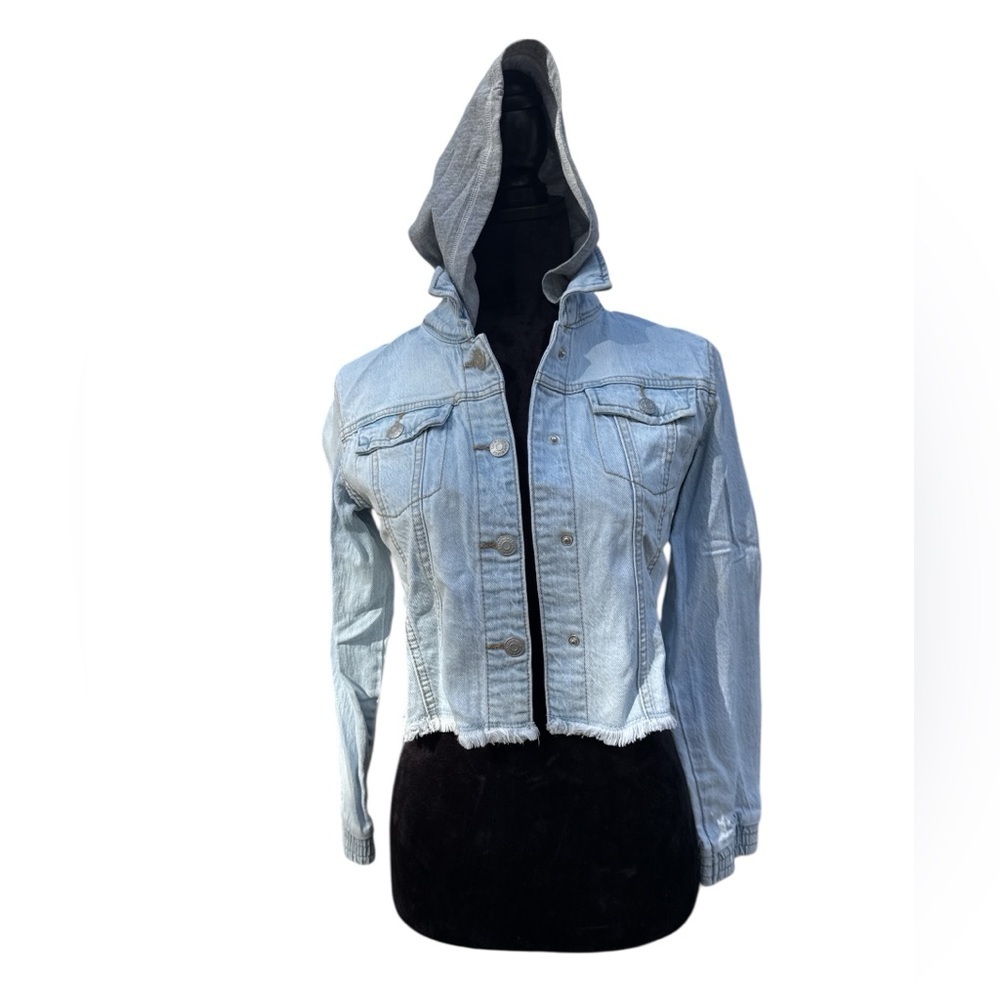 Cat & Jack Girls Hooded Cropped Denim Jacket L 10/12 Light Wash Frayed Hem‎